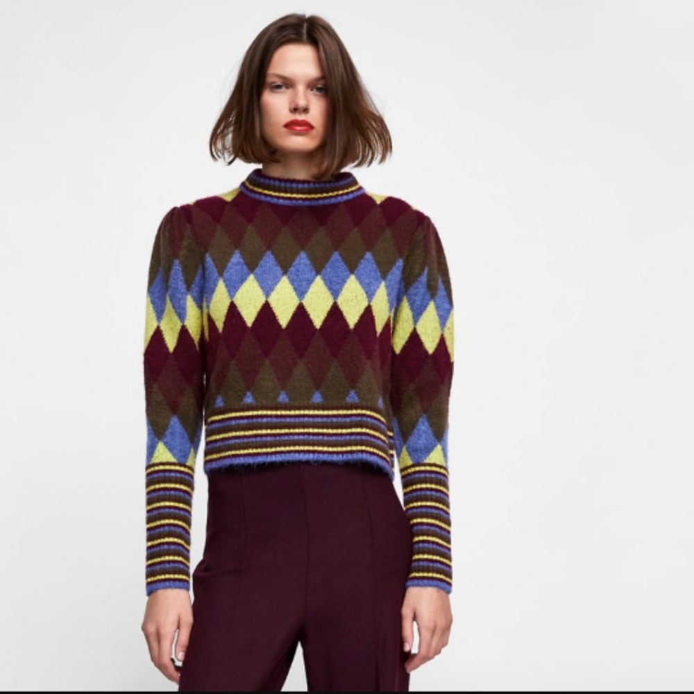 Zara Argyle Diamond Print Knit Sweater Long Slv - Picture 5 of 8